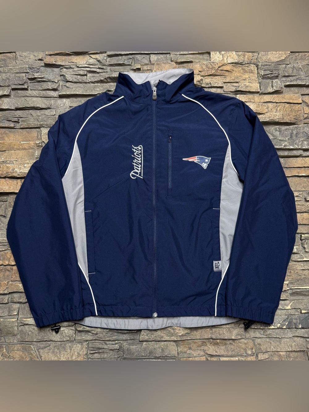 New England Patriots Full Zip Lined Jacket Mens Medium Navy Blue NFL Pockets